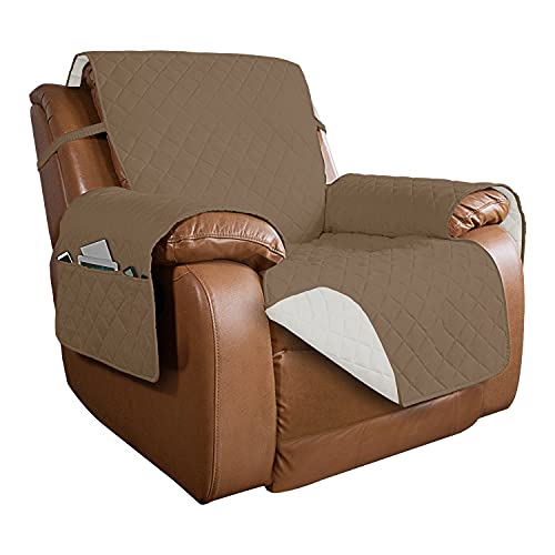 Image of PureFit Reversible Quilted Sofa Cover, Water Resistant Slipcover Furniture Protector, Washable Couch Cover with Non Slip and Elastic Straps for Kids, Dogs, Pets (Oversized Recliner, Camel /Ivory)
