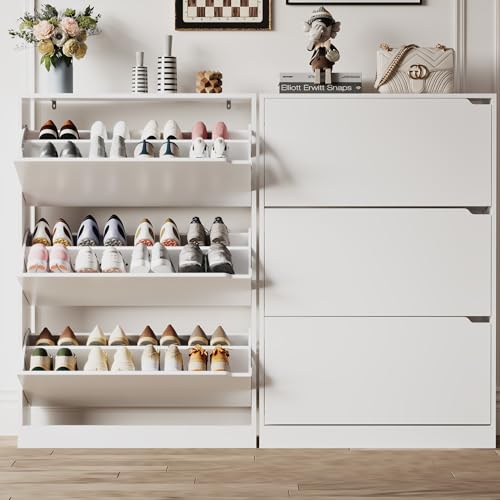 Image of Xixini Shoe Storage Cabinet for Entryway with 3 Flip Drawers, Sturdy Wood Hidden Shoe Storage, Freestanding Narrow Slim Shoe Organizer for Front Door Entrance, Living Room, Hallway, Bedroom, White