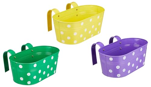 Image of Amazon Brand - Solimo Dotted Oval Railing Planter for Balcony with Detachable Handle (Multicolor, Set of 3) | Hanging Planter | Anti Rust Plant Container Gamla for Home Decor | Indoor & Outdoor