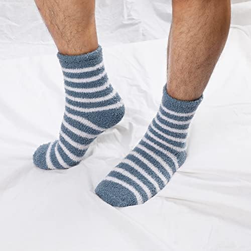 QKURT 5 Pairs of Men's Winter Fluffy Socks, Classic Striped Coral Fleece Thermal Socks Floor Socks Bed Socks for Men,Boys