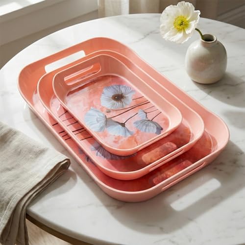 Image of Set of 3 Printed Plastic Serving Trays with Handles Multipurpose Kitchen & Dining Serving Tray Set Lightweight Durable Easy to Clean for Tea Coffee Snacks Breakfast Food Serving Floral Design
