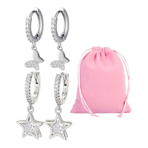 FDGGT 2 Pares De Pendientes De Circonita Y 1 Bolsa De Joyería, Pendientes De Estrella, Pendientes De Mariposa, Pendientes Coles De Moda, Accesorios De Vestir