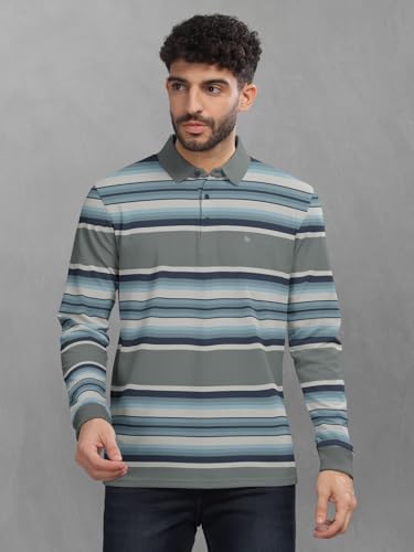 Image of BULLMER Striped Textured Printed Polo Neck Fullsleeve T-Shirt with Rib for Men