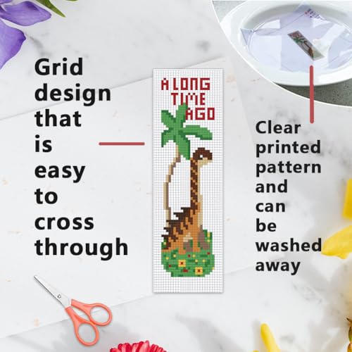 Image of INFUNLY 6 Set Cross Stitch Bookmark Kit Dinosaurs DIY Cross Stitch Kit 8 inchx2.4 inch Pre-Printed Tyrannosaurus Stamped Embroidery Bookmark with Instruction Cross Stitch Kits for Beginners Book Lovers Gifts