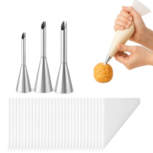 ZWWOGE 3pcs Bocchetta per Farcire, Viene fornito con 30 sac a poche professionali，Cornetto Blisterato, Puff Ugello Lungo, Acciaio Inossidabile, 5/6/8mm per Riempimento Donuts Cupcakes Torte