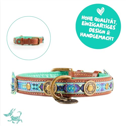 Dog with a Mission - Hundehalsband M | Farbenfroh in Blau und Türkis | Boho, Ethno, Ibiza, Hippie | Für mittelgroße Hunde | Handgemacht | Modisch und Bunt | Aus weichem Echtes Leder | 2,5 cm Breit