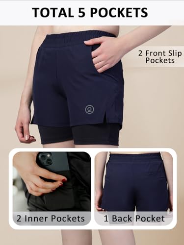 Image of CHKOKKO Gym Shorts for Women Workout Sports Running Quick Dry Fit Double Layer Inner Compression with Pockets Breathable Lightweight Wear Navy 5XL