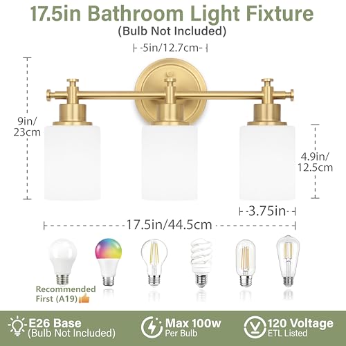 Image of 3-Light Bathroom Vanity Light, Brushed Gold Vanity Lights for Bathroom, Modern Champagne Gold Wall Sconce with White Glass Shades, Anti-Rust Light Fixtures over Mirror (Bulbs Not Included, E26 Base)