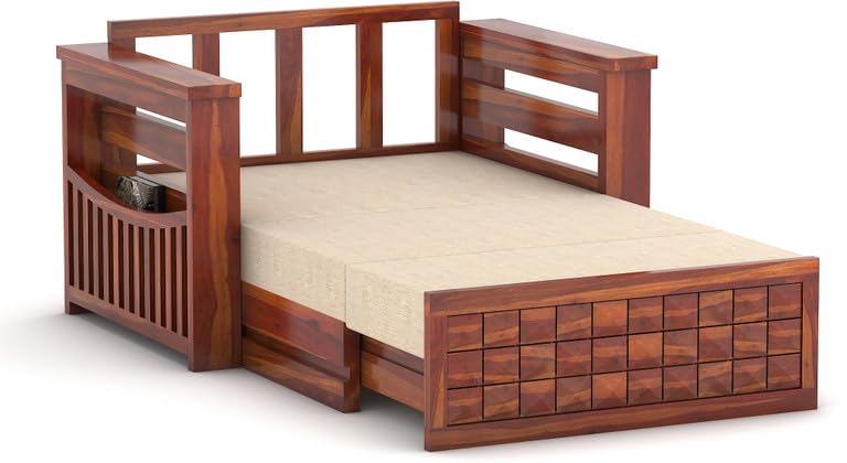 Image of Solid Sheesham Wood Sofa Cum Bed 2 Seater | Wooden Foldable Double Bed for Living Room with Headboard & Storage | Bed Cum Sofa with Mattress for Home | Diamond Design (Honey Finish)