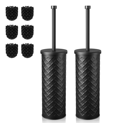 Toilet Bowl Brush and Holder Set 2 Pack with 4 Extra Brush Heads | Extra Long Handle with Splash Guard Cover Tool-Free Installation Bathroom Space-Saving Cleaner Sets for Apartments RV (Black)