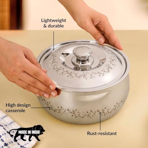 Image of Nestasia Stainless Steel Insulated Casserole with Lid (1500 ml) - 100% Food Safe Roti Server with Floral Pattern - Retains Heat & Freshness | Rust Resistant & BPA - Free Chapati Casserole