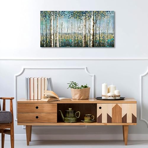 Image of Pogusmavi Forest & Mountain Wall Art Green Birch TreeFramed Nature Landscape Pictures for Living Room, Bedroom & Office Large Paintings Wall Decor Tree and Artwork for Wall Decor
