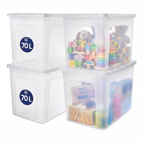 Iris Ohyama, Mehrzweck-Aufbewahrungsbox, 70L, 4er-Set, einfaches Verschließen, stapelbar, aus transparentem Kunststoff, für Kleidung… – Ansicht 1