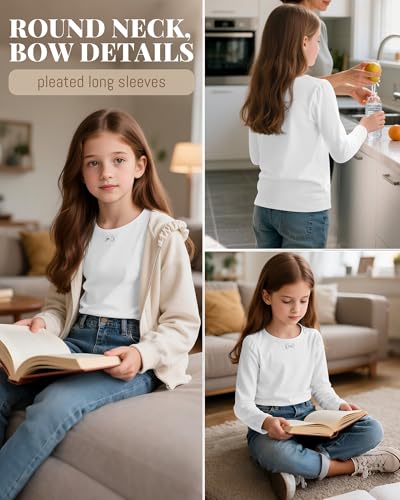 3 Pack Girls Long Sleeve T-Shirts Kids Basic Crew Neck with Bow Soft Layering Tops for Teen Girls, 5-14 Years2