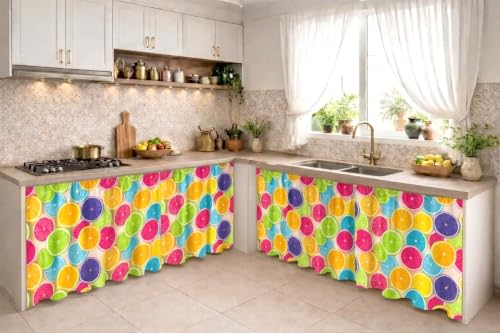 Image of Decorative Sink Curtain for Kitchen | Pack of 2 | 150x70 cm Under-Sink Cover | Printed Fabric Panel with Rod Pocket | Washable Storage-Hiding Curtain for Modern Home Decor (LIMBU)