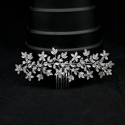 Cubic Zirconia Bridal Hair Comb Crystal Flower Hair Clip CZ Hairpins for Bride Hair Pieces for Wedding Party Prom Silver Gold Jewelry Formal Hair Accessories for Women (Silver)