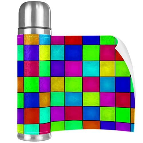 Insulated Water Bottle Stainless Steel Water Bottles Metal Water Bottle, Rainbow Plaid Block #TOP3