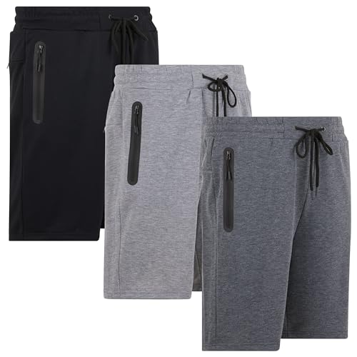 PURE CHAMP Mens 3 Pk French Terry Cotton Casual Gym Shorts for Men Athletic Workout Training Sweat Shorts with Zipper Pocket