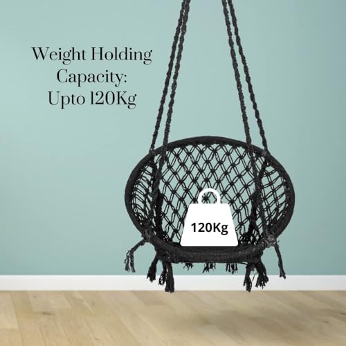 Image of Swingzy Swing for Adults /Cotton Round Swing for Adults /Jhula for Adults /Perfect Round-Shaped Swing Chair /Swing for Balcony (Black, Without Accessories)