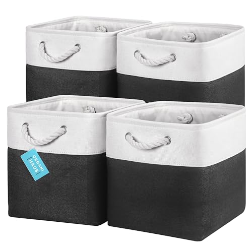 Image of OrganiHaus 12x12 Cube Storage Bins 4 Pack, Foldable Cube Storage Organizer w/ Rope Handles, Collapsible Fabric Bins for Toys, Clothes & Closet Organization, Fabric Square Baskets - Black/White