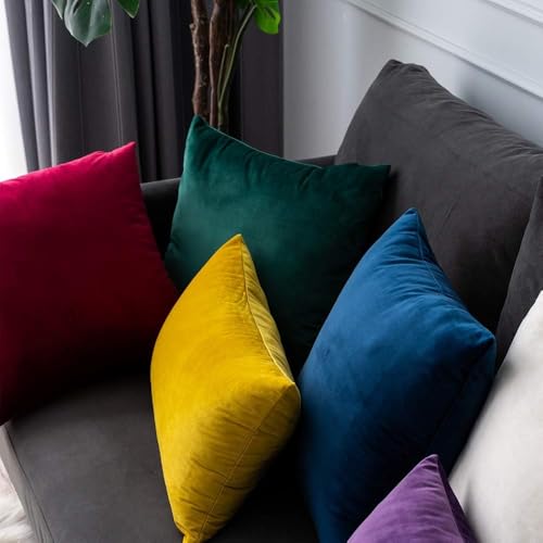 Image of 5-Piece Velvet Cushion Covers, 14x14 inch, Dark Blue | Soft Solid Decorative Throw Square Pillow Cases Modern Luxury Home Decor for Couch Sofa Bedroom Livingroom