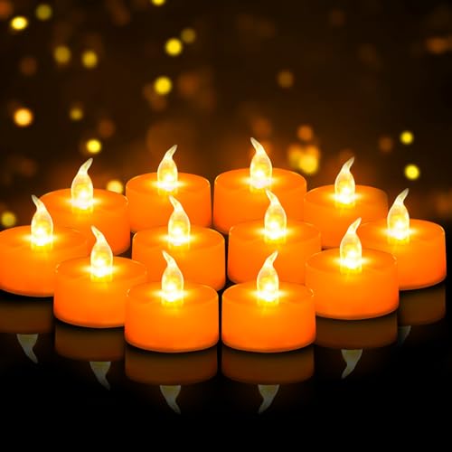 Candlium Tea Lights Battery Operated Candles LED Tea Lights Flameless Candles 200+ Hours Flickering Fake Tealights for Sweetest Day Wedding Home Decorations Party (Orange Base 24 Pack)