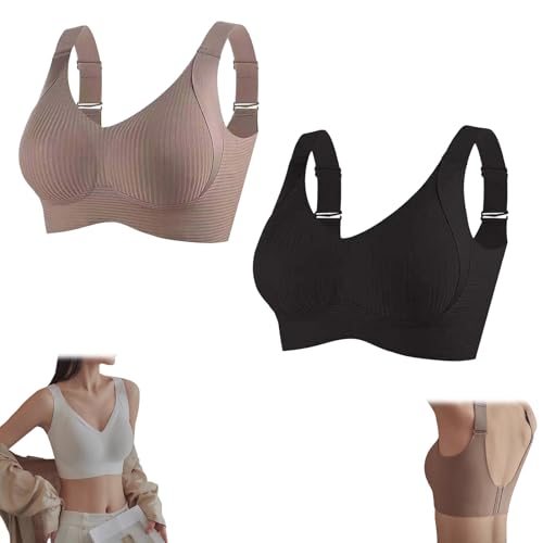 Genérico Sujetador Push up Ajustable, Sin Aros Y Acanalado para Mujer, Suave, Cómodo Y Sin Costuras para Uso Diario(Black+Beige,XL)