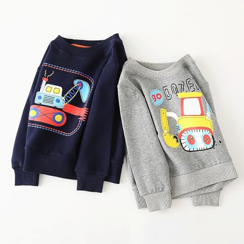 Image of GFQLONG 2 Pack Toddler Boys Long Sleeve Pullover Crewneck Tops Shirts, Cotton Warm Dinosaur Cartoon Sweatshirts,Navy Blue+Gray Digger,3-4T