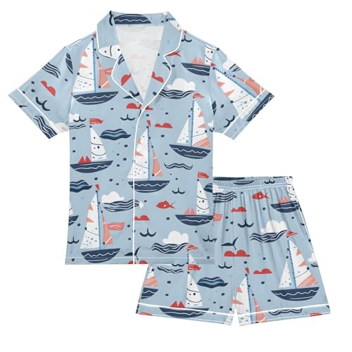 ALAZA Sailboat Bird Blue Satin Pajamas Set Short Sleeve Button Down Sleepwear Summer Pjs 2 Piece