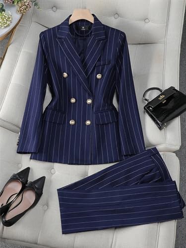 Women's Pinstripe Business 2 Piece Office Lady Work Suit Set Slim Fit Blazer and Pants Outfits2