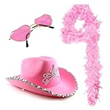 Love Tour Accessory Set - Pink Cowboy Hat with Tiara, 65g Baby Pink Feather Boa, Pink Heart-Shaped Sunglasses - Adults Pop Icon Concert Fancy Dress Costume