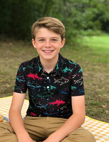 Cuddomper Boys Polo Shirt Size 13-14 Shark Short Sleeve Golf Neon Shirts Performance Dry Fit Tops for Active Casual — view 5
