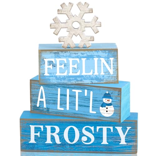 Yuntau 4 piezas de decoración de mesa de madera de invierno, copo de nieve, bandeja escalonada, decoración rústica de bloques de madera, letrero de regalo, centro de mesa de invierno para estantes