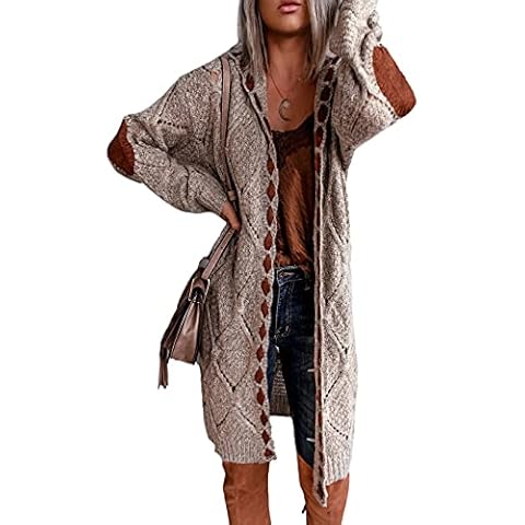 QANSI Women Cardigan Hooded Sweater Long Sleeve Knit Coat Outwear with Rhombus Lattice X-Large Khaki Cover