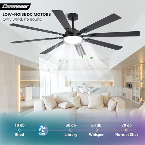 Image of 72 Inch Ceiling Fans with Lights and Remote, Living Room Office Library Industrial, 5CCT Dimmable, Dual Color 8 Blades, 6 Speed Reversible Quiet DC Motor, Double-Layer Lampshade, Black /Wood Grain