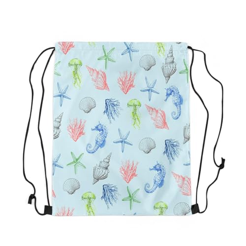Erosebridal Sealife Drawstring Backpack 13x15.7 for Sport Gym Swim Yoga Camping Trip,Watercolor Seahorse Starfish Coral Drawstring Bags,Nautical Themed Draw String Back Bag,Undersea String Backpack3