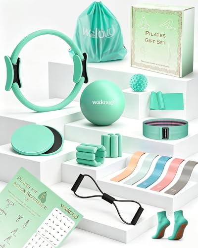 20 PCS Pilates Kit Pilates Equipment Set- Pilates Accessories Kit with Wrist Weights Pilates Ring and Ball Resistance Bands Core Sliders Socks Pilates Gift Box Home Pilates Workout Kit for Women