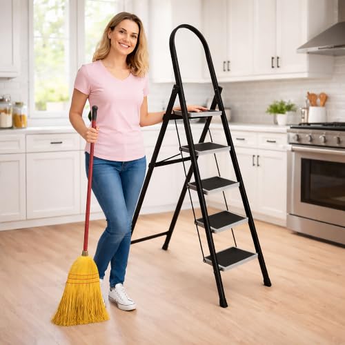 Image of TEKCOOL 5 Step Ladder for Home Use with Built-in Tool Tray | Heavy Duty D Shape Rods | 20 x 30 cm Large Platform | Wide Rubber Feet | Secure Lock | 150Kg Capacity Foldable Ladder