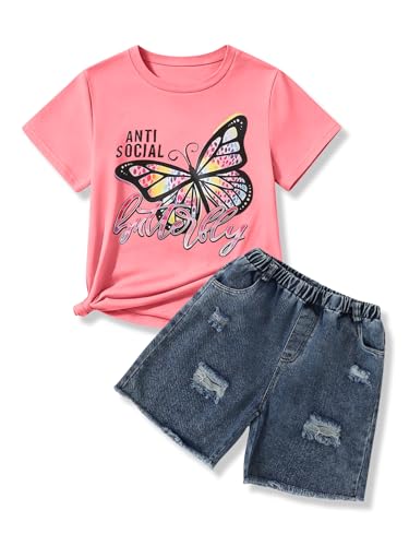 Image of 9-16Y Tween Girl Clothes 2 Piece Short Sleeve Heart Print Top and Shorts Teen Girl Summer Outfits Short Set