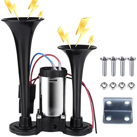 Animgrth Upgraded 12V 600DB Air Horn Dual Trumpets, Super Loud Truck Train Horns Kit with Air Compressor for Any 12V SUV Motorcycle Trucks Pickup Lorries Trains Cars Boats Cover