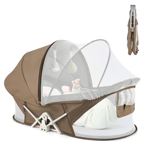 ISELECTOR Portable Baby Bassinet for Baby Travel Baby Cribs Travel Pod for Outdoors Baby Lounger Infant Travel Bed with Mosquito Net and Sunshade Canopy Lightweight Washable (Brown)