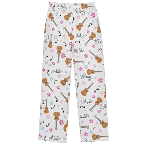 Boy's Pj Pants Ukulele Monstera Leaf Flower Note Lounge Bottoms Elastic Waist Kids Joggers with Pockets Size 6-14 - Main Image