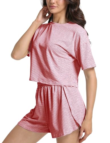 Image of Split Short Pajama Set Soft Women's Striped Pajama Sleeve Tee & Elastic Waist Shorts Summer Lounge Sleepwear