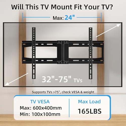 HOME VISION Heavy Duty Tilt TV Wall Mount for Most 32"-75" Flat TVs, Max VESA 600x400mm, 165LBS Loading, Low Profile Tilting Wall Mount TV Bracket Fits 16/18/24 Inch Studs, Anti-Glare HV9601 - Thumbnail 2