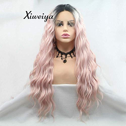 Xiweiya peluca larga suelta ondulada de encaje sintético para mujer, peluca larga ondulada, peluca de encaje suave con raíces negras, 61 cm