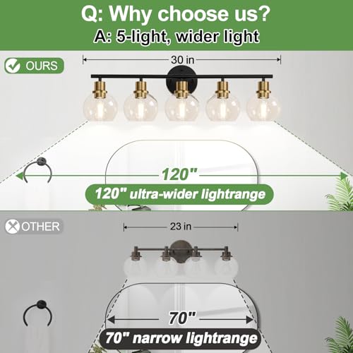 Image of 5-Light Bathroom Vanity Light, Black and Gold Bathroom Light Fixtures with Clear Glass Globe Shades, Modern Vanity Lighting Over Mirror for Bathroom, Kitchen, Living Room, Hallway, Bedroom, Porch