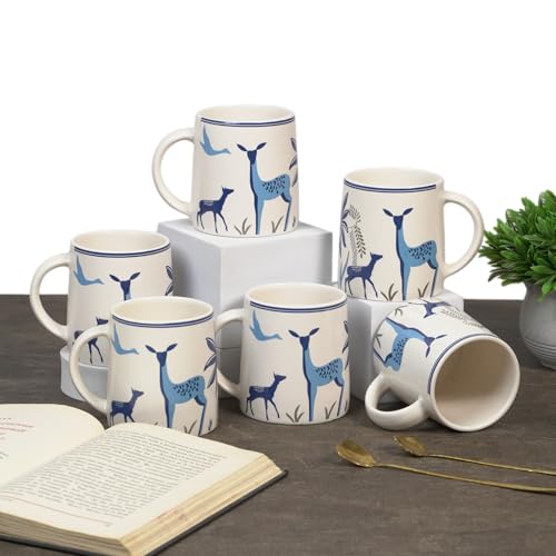 Image of CRAF10 Blue Stag Ceramic Coffee /Tea Mugs - Set of 6, 330 ML Each, Elegant & Durable, Microwave & Dishwasher Safe