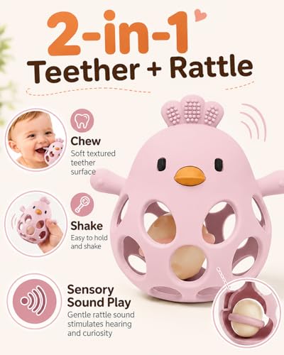 Image of Tinabless Baby Teether Rattle Toys, 2-in-1 Easy Grip Silicone Teething for Babies 3-12 Months, BPA-Free Sensory Chew Toy for Sore Gums, Infant Gift (Pink w /Rattle)