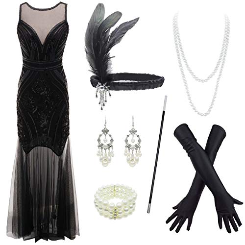1920S Long Prom Dresses V Neck Beaded Sequin Maxi Dress With Accessories Set (Large, Style03-Black) #TOP11