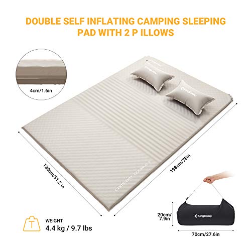 KingCamp Camping Mattress Backpacking Sleeping Pad Self Inflating Sleeping Pad with 2 Pillows for Hiking Camping Gear Double Beige - Thumbnail 2